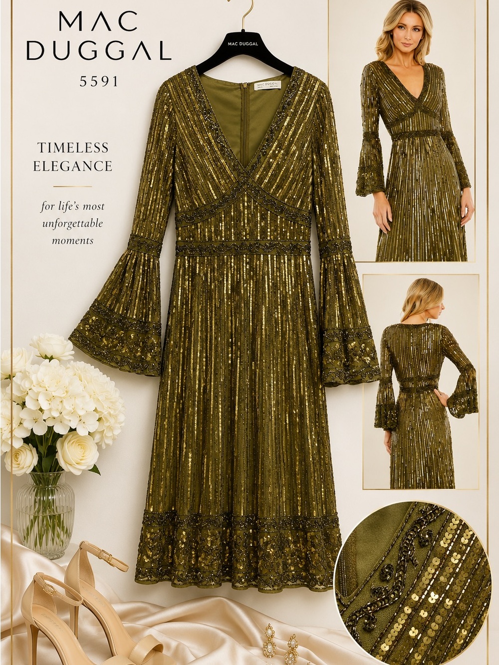 Mac Duggal Light Olive Sequin Beaded Bell Sleeve Midi Dress Size 14 NWT - Picture 2 of 10